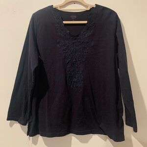 Talbots Black Long Sleeve Top with Embroidery